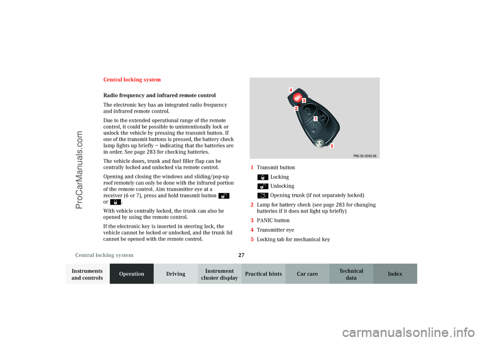 MERCEDES-BENZ CLK-CLASS 2003 Owners Manual 27 Central locking system
Technical
data Instruments
and controlsOperationDrivingInstrument
cluster displayPractical hints Car care Index Central locking system
Radio frequency and infrared remote c MERCEDES-BENZ CLK-CLASS 2003 Owners Manual 27 Central locking system
Technical
data Instruments
and controlsOperationDrivingInstrument
cluster displayPractical hints Car care Index Central locking system
Radio frequency and infrared remote c