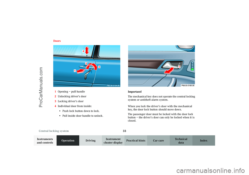MERCEDES-BENZ CLK-CLASS 2003 Owners Guide 33 Central locking system
Technical
data Instruments
and controlsOperationDrivingInstrument
cluster displayPractical hints Car care Index Doors
1Opening – pull handle
2Unlocking driver’s door
3L MERCEDES-BENZ CLK-CLASS 2003 Owners Guide 33 Central locking system
Technical
data Instruments
and controlsOperationDrivingInstrument
cluster displayPractical hints Car care Index Doors
1Opening – pull handle
2Unlocking driver’s door
3L