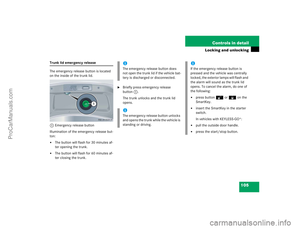 MERCEDES-BENZ CLK-CLASS 2004  Owners Manual 105 Controls in detail
Locking and unlocking
Trunk lid emergency release
The emergency release button is located 
on the inside of the trunk lid.
1Emergency release button
Illumination of the emergenc