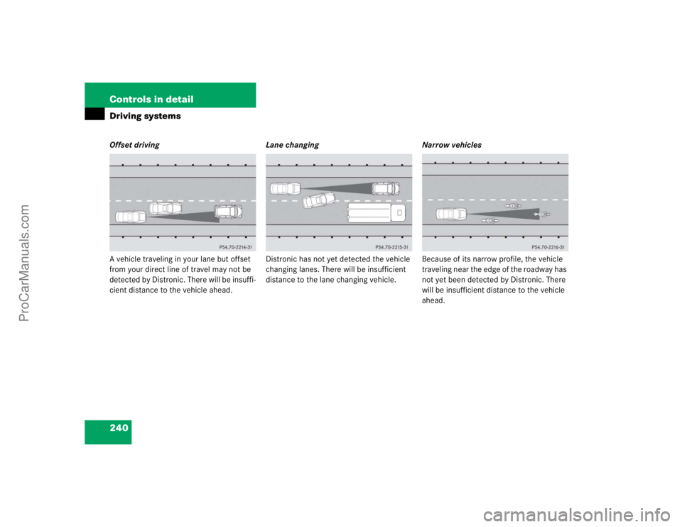MERCEDES-BENZ CLK-CLASS 2004  Owners Manual 240 Controls in detailDriving systemsOffset driving
A vehicle traveling in your lane but offset 
from your direct line of travel may not be 
detected by Distronic. There will be insuffi-
cient distanc