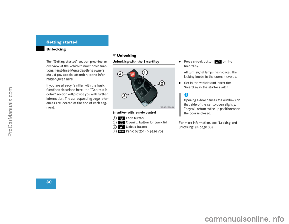 MERCEDES-BENZ CLK-CLASS 2004 Owners Manual 30 Getting startedUnlocking
The “Getting started” section provides an 
overview of the vehicle’s most basic func-
tions. First-time Mercedes-Benz owners 
should pay special attention to the inf