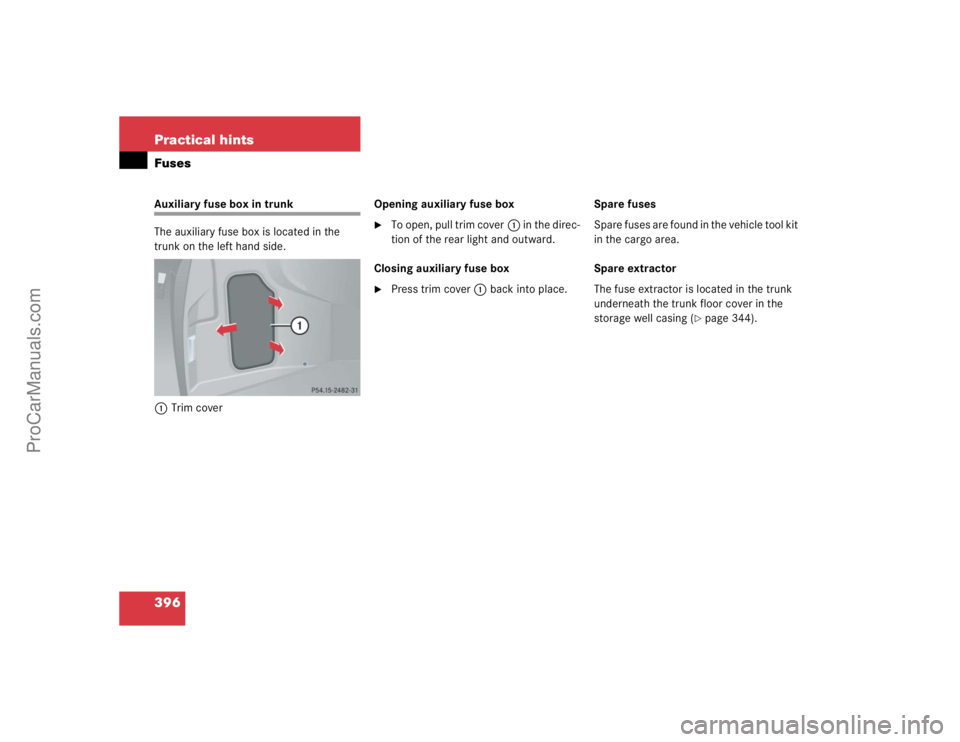 MERCEDES-BENZ CLK-CLASS 2004  Owners Manual 396 Practical hintsFusesAuxiliary fuse box in trunk
The auxiliary fuse box is located in the 
trunk on the left hand side.
1Trim coverOpening auxiliary fuse box

To open, pull trim cover1 in the dire