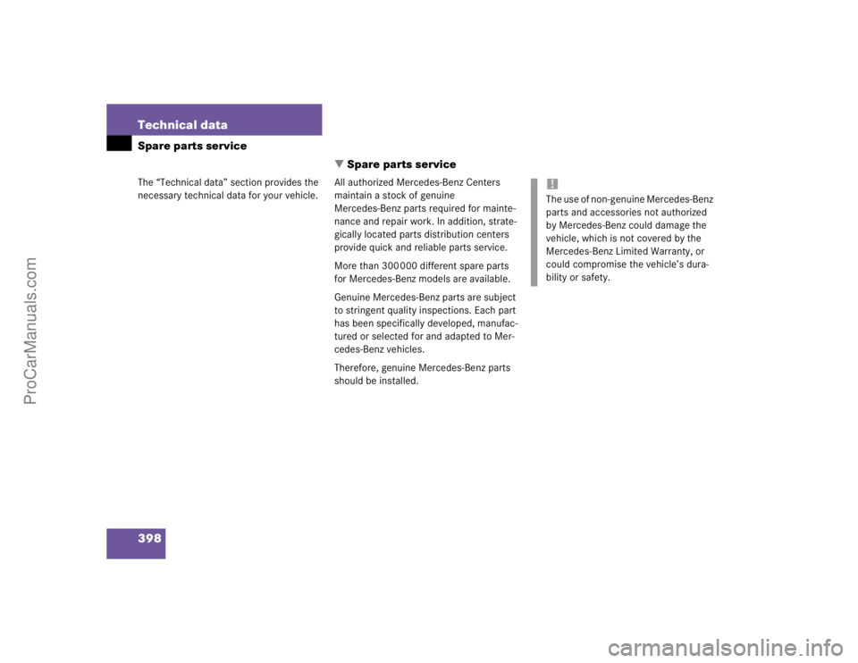 MERCEDES-BENZ CLK-CLASS 2004  Owners Manual 398 Technical dataSpare parts service
The “Technical data” section provides the 
necessary technical data for your vehicle.
Spare parts service
All authorized Mercedes-Benz Centers 
maintain a st