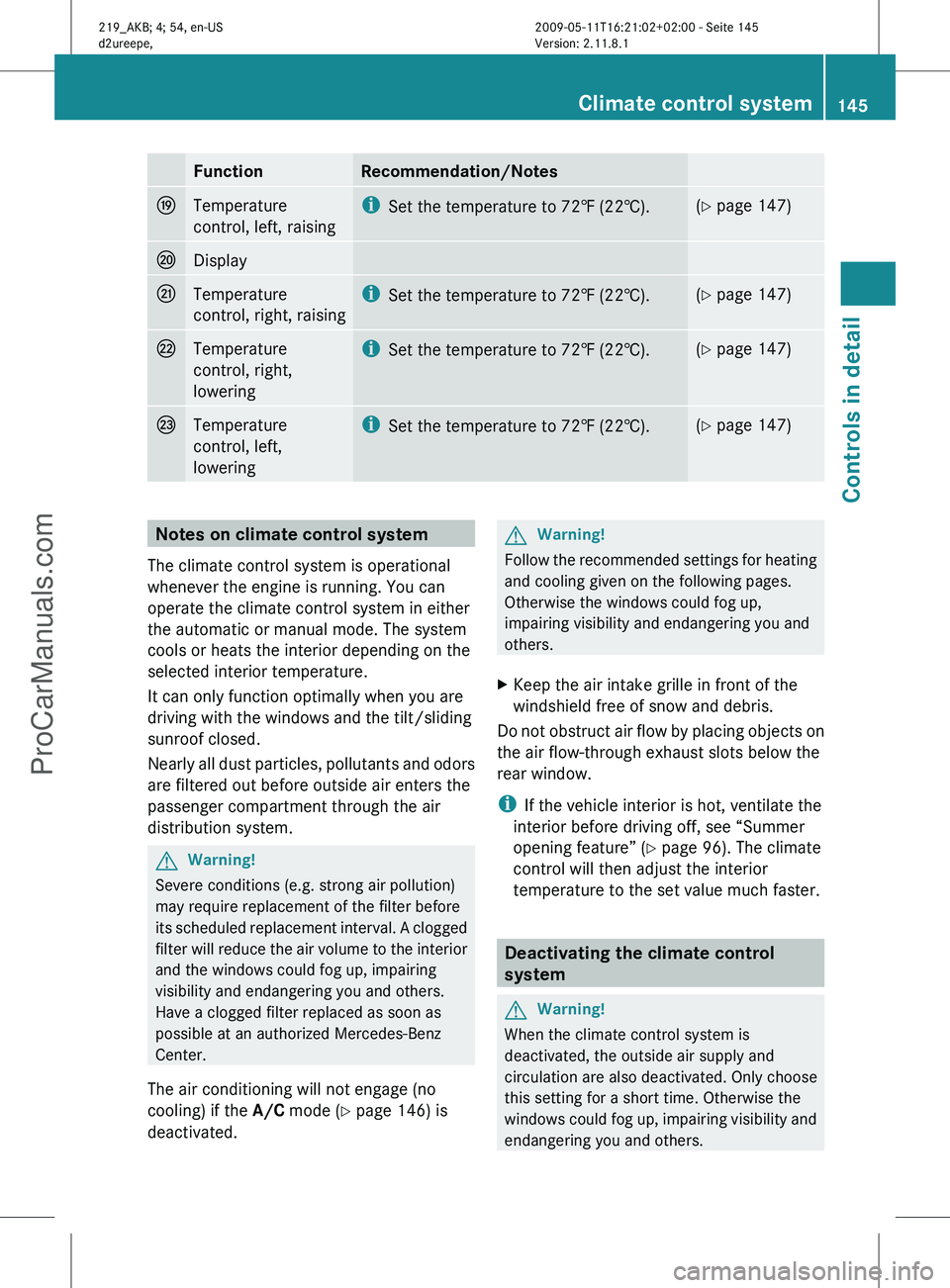 MERCEDES-BENZ CLS-CLASS 2011 Owners Manual Function Recommendation/Notes
O
Temperature
control, left, raising i
Set the temperature to 72 ‡ (22†). (Y page 147)
P
Display
Q
Temperature
control, right, raising i
Set the temperature to 72
MERCEDES-BENZ CLS-CLASS 2011 Owners Manual Function Recommendation/Notes
O
Temperature
control, left, raising i
Set the temperature to 72 ‡ (22†). (Y page 147)
P
Display
Q
Temperature
control, right, raising i
Set the temperature to 72