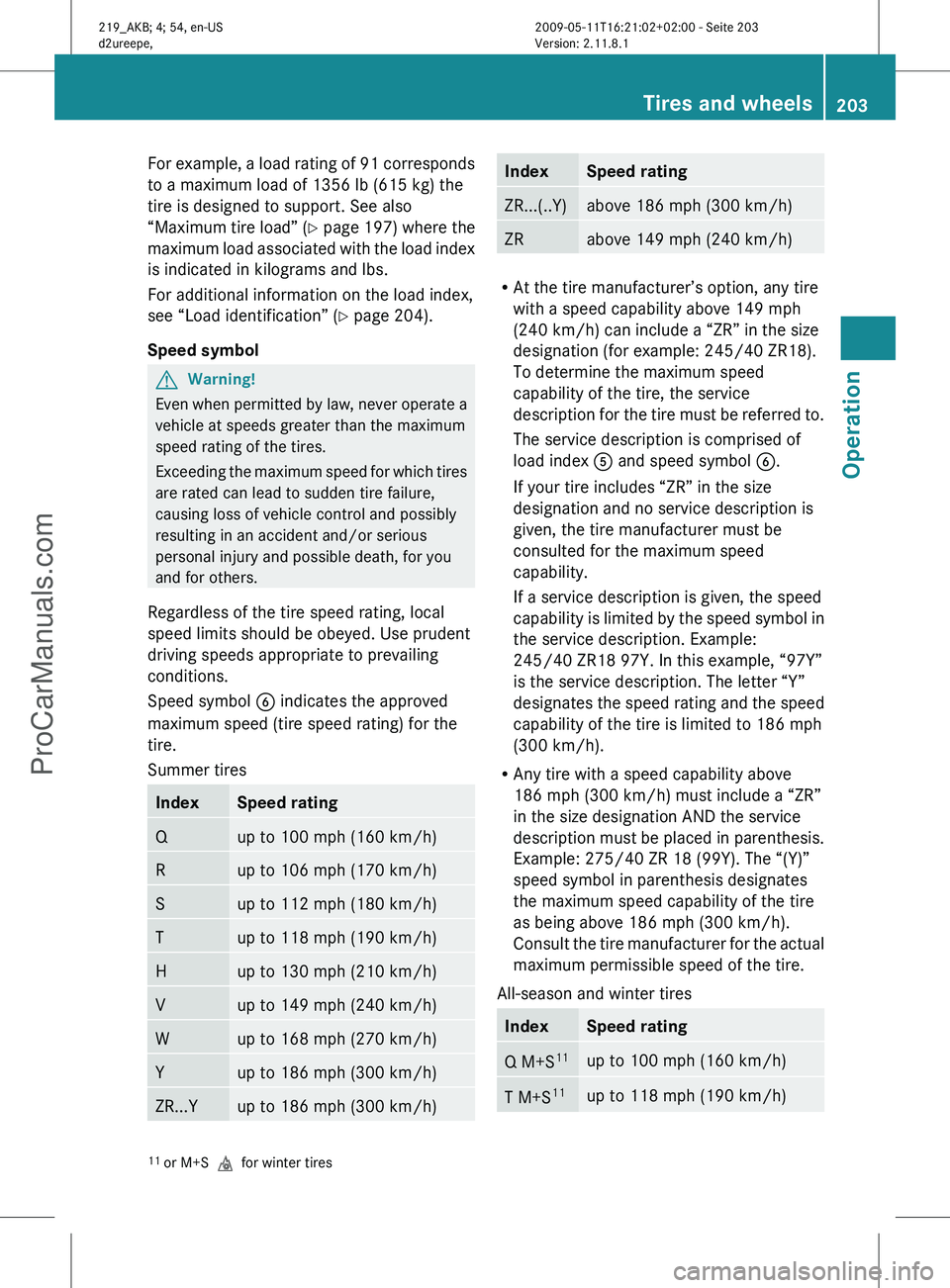 MERCEDES-BENZ CLS-CLASS 2011 Owners Manual For example, a load rating of 91 corresponds
to a maximum load of 1356 lb (615 kg) the
tire is designed to support. See also
“Maximum
tire load” (Y page 197) where the
maximum load associated wit MERCEDES-BENZ CLS-CLASS 2011 Owners Manual For example, a load rating of 91 corresponds
to a maximum load of 1356 lb (615 kg) the
tire is designed to support. See also
“Maximum
tire load” (Y page 197) where the
maximum load associated wit