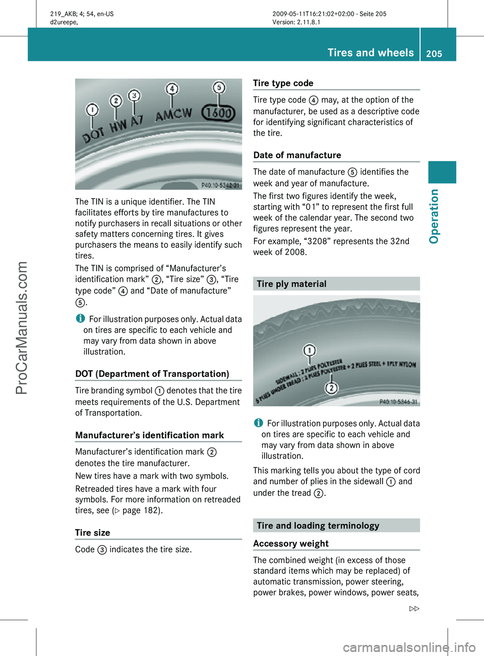 MERCEDES-BENZ CLS-CLASS 2011 Owners Manual The TIN is a unique identifier. The TIN
facilitates efforts by tire manufactures to
notify purchasers in recall situations or other
safety matters concerning tires. It gives
purchasers the means to ea MERCEDES-BENZ CLS-CLASS 2011 Owners Manual The TIN is a unique identifier. The TIN
facilitates efforts by tire manufactures to
notify purchasers in recall situations or other
safety matters concerning tires. It gives
purchasers the means to ea