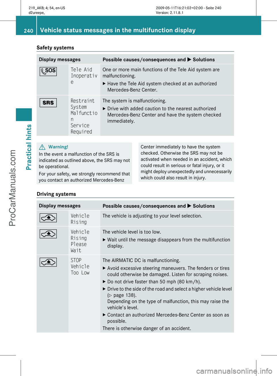 MERCEDES-BENZ CLS-CLASS 2011 Owners Manual Safety systems
Display messages
Possible causes/consequences and
X SolutionsG Tele Aid
Inoperativ
e One or more main functions of the Tele Aid system are
malfunctioning.
X
Have the Tele Aid system c MERCEDES-BENZ CLS-CLASS 2011 Owners Manual Safety systems
Display messages
Possible causes/consequences and
X SolutionsG Tele Aid
Inoperativ
e One or more main functions of the Tele Aid system are
malfunctioning.
X
Have the Tele Aid system c