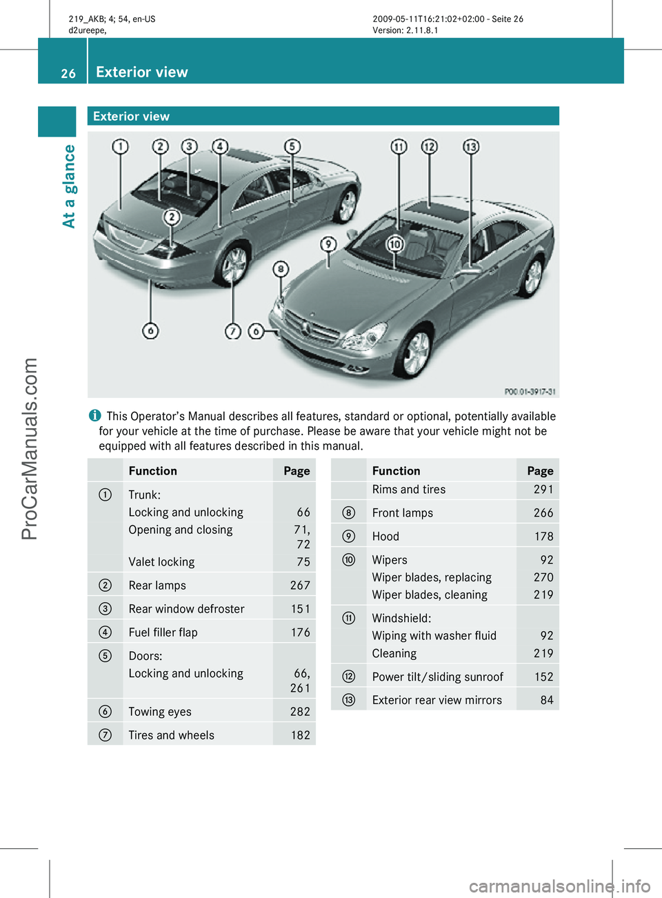 MERCEDES-BENZ CLS-CLASS 2011 Owners Manual Exterior view
i
This Operator’s Manual describes all features, standard or optional, potentially available
for your vehicle at the time of purchase. Please be aware that your vehicle might not be
eq