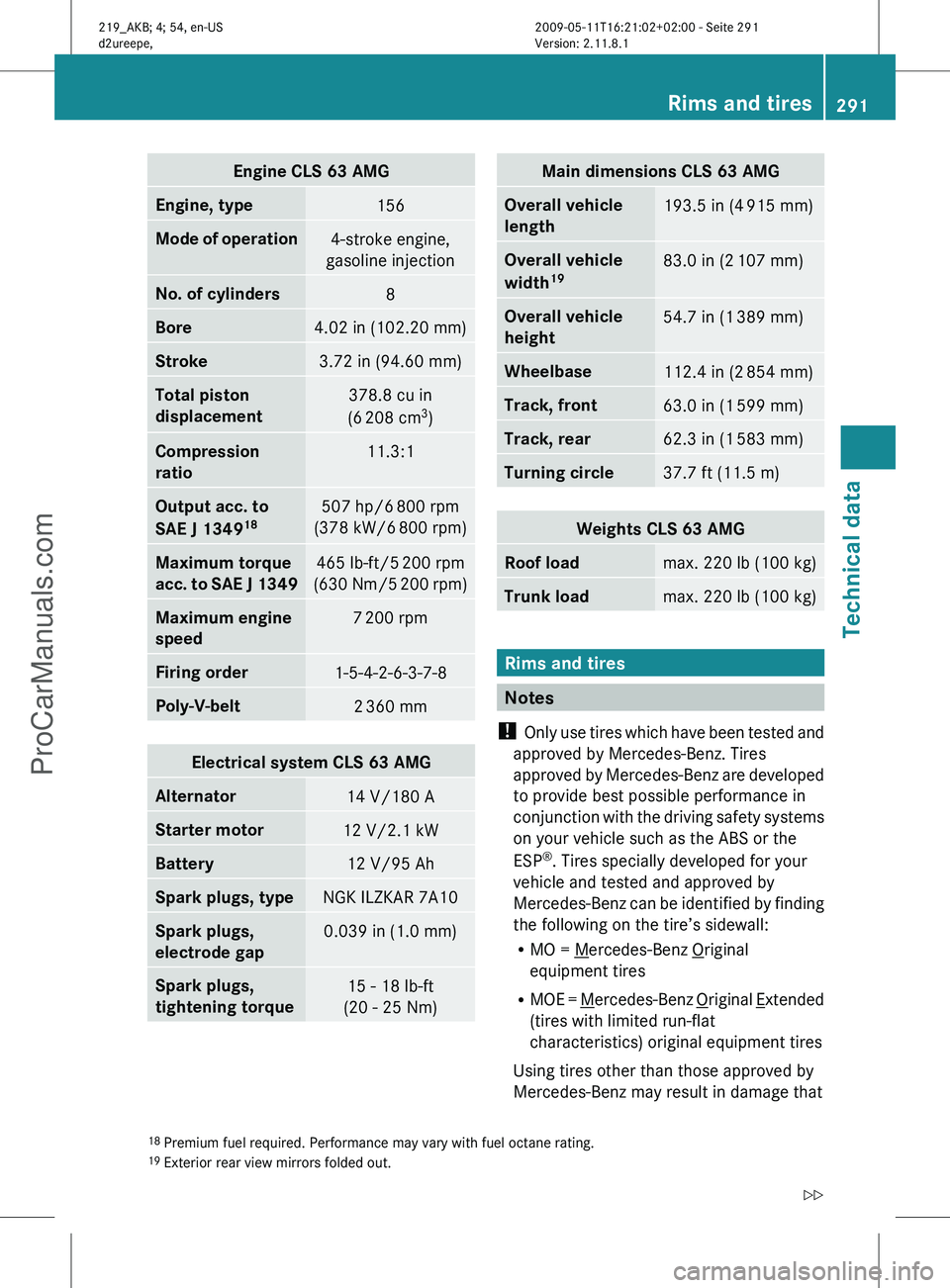 MERCEDES-BENZ CLS-CLASS 2011 Owners Manual Engine CLS 63 AMG
Engine, type
156
Mode of operation
4-stroke engine,
gasoline injection No. of cylinders
8
Bore
4.02 in (102.20 mm)
Stroke
3.72 in (94.60 mm)
Total piston
displacement
378.8 cu in
(6 MERCEDES-BENZ CLS-CLASS 2011 Owners Manual Engine CLS 63 AMG
Engine, type
156
Mode of operation
4-stroke engine,
gasoline injection No. of cylinders
8
Bore
4.02 in (102.20 mm)
Stroke
3.72 in (94.60 mm)
Total piston
displacement
378.8 cu in
(6