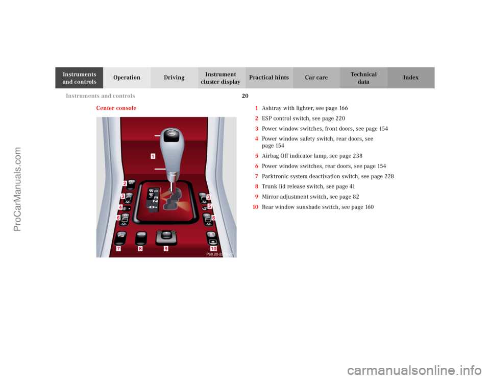 MERCEDES-BENZ E-CLASS 2000  Owners Manual 20 Instruments and controls
Te ch n ica l
data Instruments 
and controlsOperation DrivingInstrument 
cluster displayPractical hints Car care Index
Center console 1Ashtray with lighter, see page 166
2E