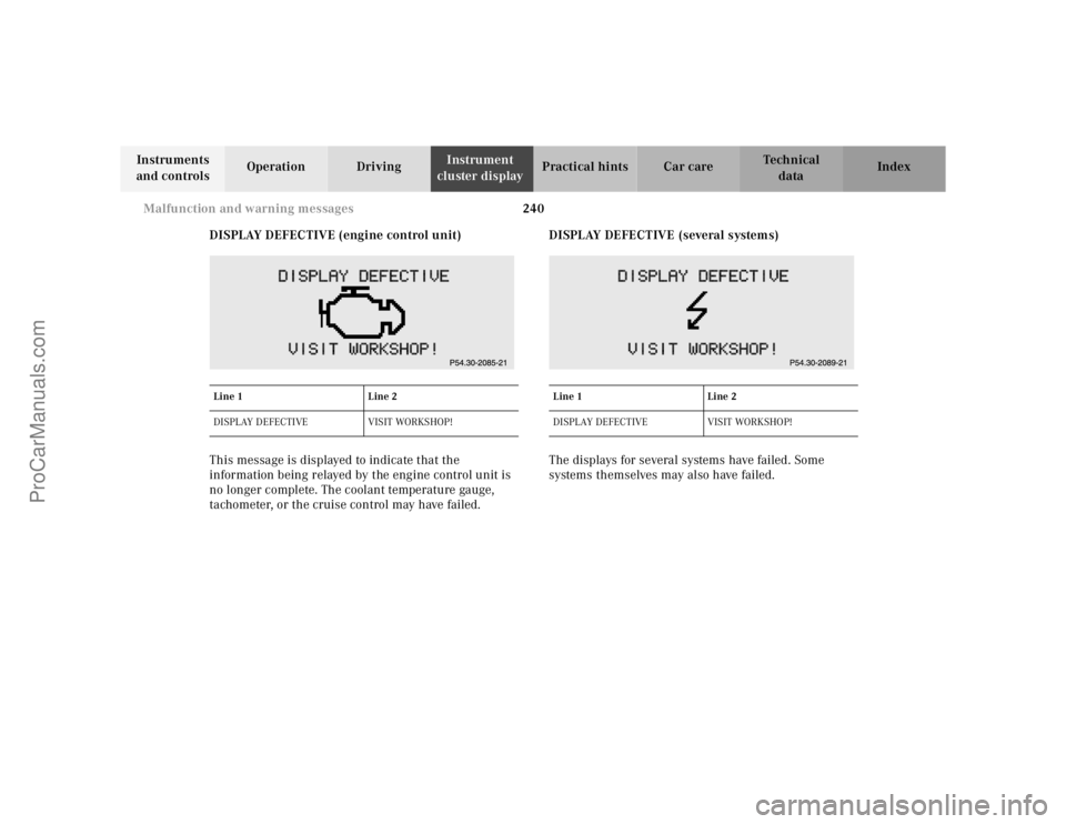 MERCEDES-BENZ E-CLASS 2000  Owners Manual 240 Malfunction and warning messages 
Te ch n ica l
data Instruments 
and controlsOperation DrivingInstrument 
cluster displayPractical hints Car care Index
DISPLAY DEFECTIVE (engine control unit)
Thi