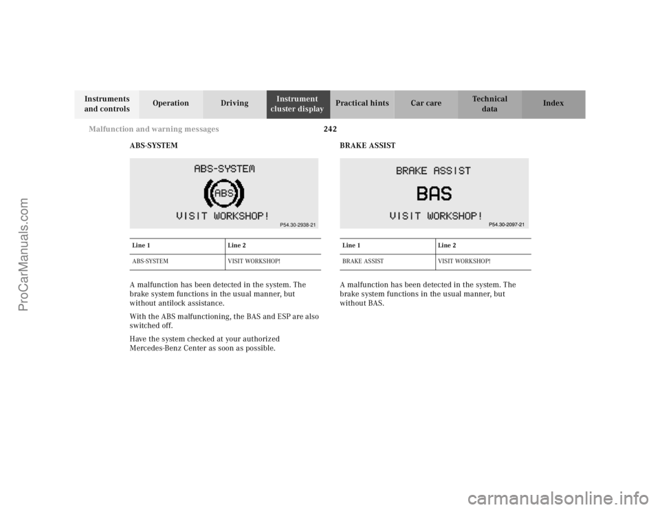 MERCEDES-BENZ E-CLASS 2000  Owners Manual 242 Malfunction and warning messages 
Te ch n ica l
data Instruments 
and controlsOperation DrivingInstrument 
cluster displayPractical hints Car care Index
ABS-SYSTEM
A malfunction has been detected 