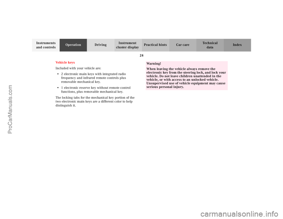 MERCEDES-BENZ E-CLASS 2000 Owners Manual 24
Te ch n ica l
data Instruments
and controlsOperationDrivingInstrument
cluster displayPractical hints Car care Index
Ve h i c l e k ey s
Included with your vehicle are:
•2 electronic main keys MERCEDES-BENZ E-CLASS 2000 Owners Manual 24
Te ch n ica l
data Instruments
and controlsOperationDrivingInstrument
cluster displayPractical hints Car care Index
Ve h i c l e k ey s
Included with your vehicle are:
•2 electronic main keys