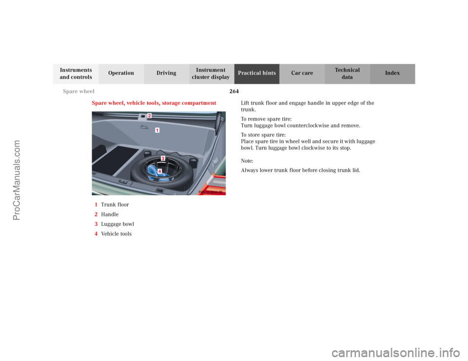 MERCEDES-BENZ E-CLASS 2000 Owners Manual 264 Spare wheel
Te ch n ica l
data Instruments
and controlsOperation DrivingInstrument
cluster displayPractical hintsCar care Index
Spare wheel, vehicle tools, storage compartment
1Trunk floor
2Hand MERCEDES-BENZ E-CLASS 2000 Owners Manual 264 Spare wheel
Te ch n ica l
data Instruments
and controlsOperation DrivingInstrument
cluster displayPractical hintsCar care Index
Spare wheel, vehicle tools, storage compartment
1Trunk floor
2Hand
