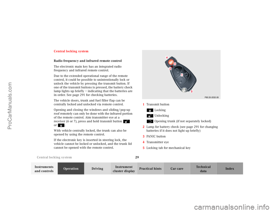 MERCEDES-BENZ E-CLASS 2000  Owners Manual 29 Central locking system
Te ch n ica l
data Instruments 
and controlsOperationDrivingInstrument 
cluster displayPractical hints Car care Index Central locking system
Radio frequency and infrared remo