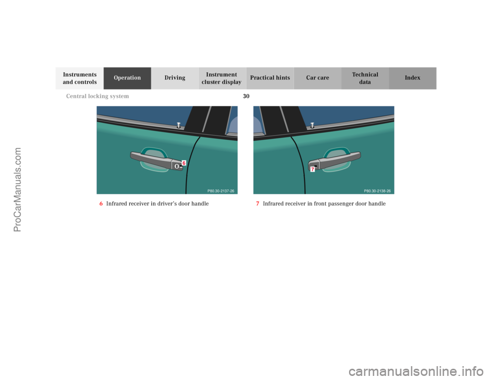 MERCEDES-BENZ E-CLASS 2000 Owners Guide 30 Central locking system
Te ch n ica l
data Instruments
and controlsOperationDrivingInstrument
cluster displayPractical hints Car care Index
6Infrared receiver in driver’s door handle7Infrared re MERCEDES-BENZ E-CLASS 2000 Owners Guide 30 Central locking system
Te ch n ica l
data Instruments
and controlsOperationDrivingInstrument
cluster displayPractical hints Car care Index
6Infrared receiver in driver’s door handle7Infrared re