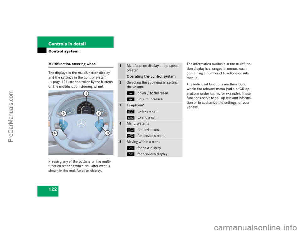 MERCEDES-BENZ E-CLASS 2003  Owners Manual 122 Controls in detailControl systemMultifunction steering wheel
The displays in the multifunction display 
and the settings in the control system 
(page 121) are controlled by the buttons 
on the mu