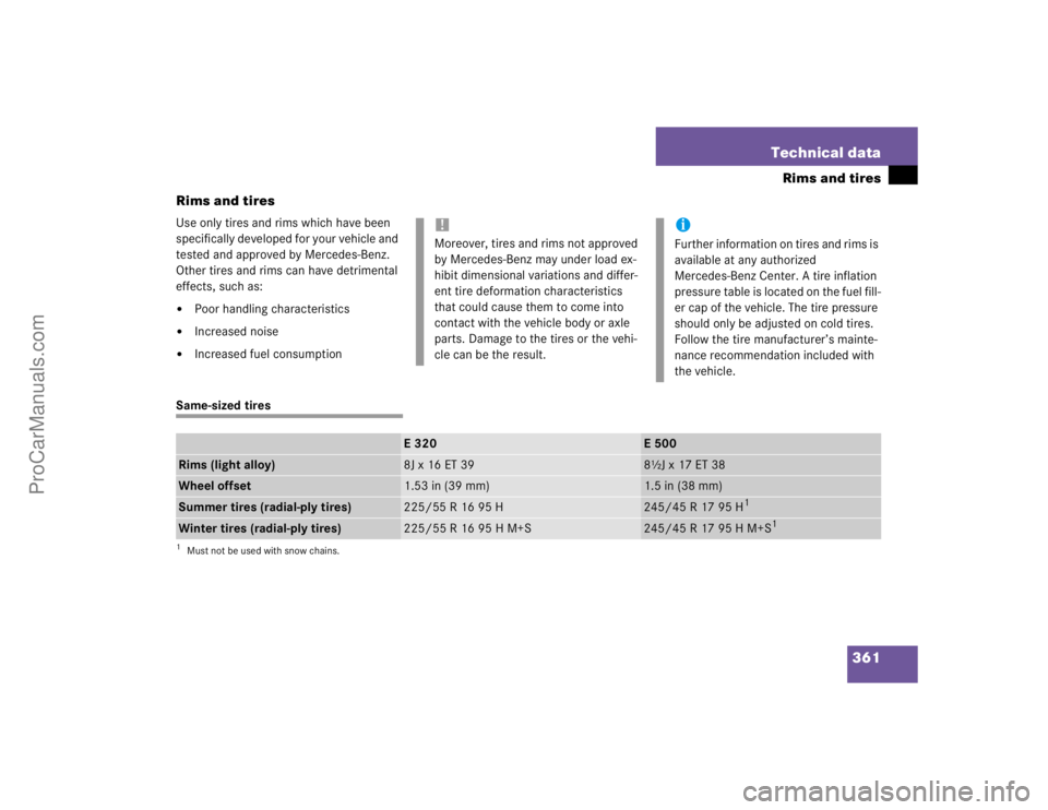 MERCEDES-BENZ E-CLASS 2003  Owners Manual 361 Technical data
Rims and tires
Rims and tires
Use only tires and rims which have been 
specifically developed for your vehicle and 
tested and approved by Mercedes-Benz. 
Other tires and rims can h