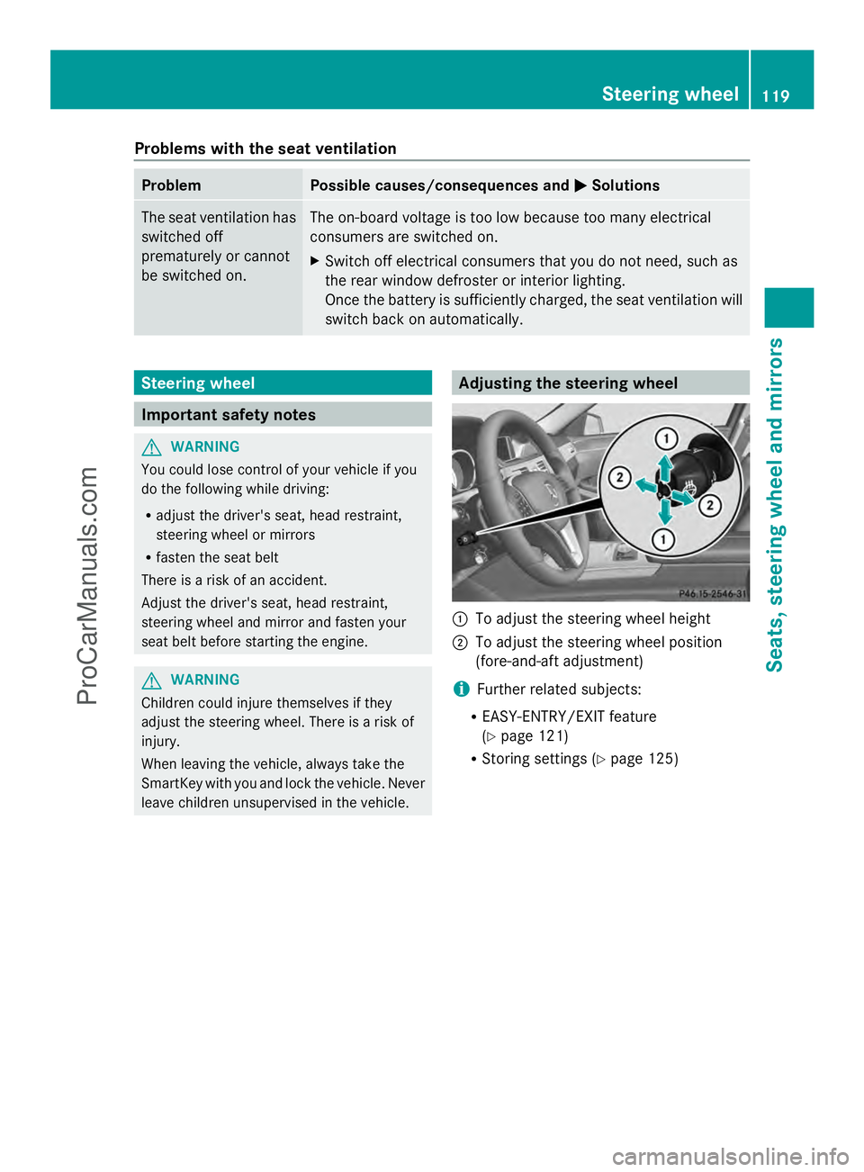 MERCEDES-BENZ E-SEDAN 2014 Owners Manual Problems with the seat ventilation
Problem Possible causes/consequences and
M
MSolutions The seat ventilation has
switched off
prematurely or cannot
be switched on. The on-board voltage is too low bec MERCEDES-BENZ E-SEDAN 2014 Owners Manual Problems with the seat ventilation
Problem Possible causes/consequences and
M
MSolutions The seat ventilation has
switched off
prematurely or cannot
be switched on. The on-board voltage is too low bec