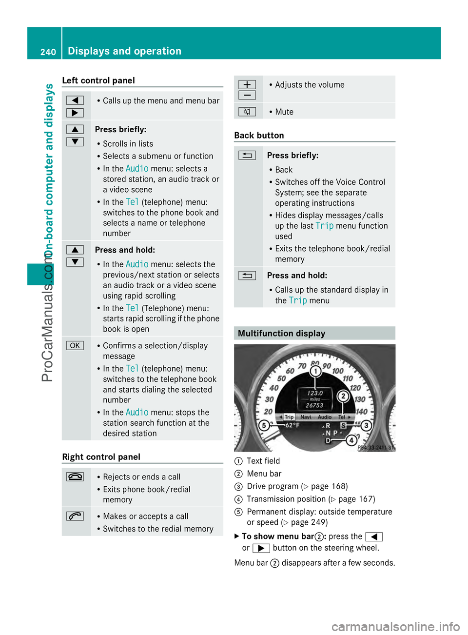MERCEDES-BENZ E-SEDAN 2014 Owners Manual Left control panel
=
; R
Calls up the menu and menu bar 9
:
Press briefly:
R
Scrolls in lists
R Selects a submenu or function
R In the Audio Audio menu: selects a
stored station, an audio track or
a v MERCEDES-BENZ E-SEDAN 2014 Owners Manual Left control panel
=
; R
Calls up the menu and menu bar 9
:
Press briefly:
R
Scrolls in lists
R Selects a submenu or function
R In the Audio Audio menu: selects a
stored station, an audio track or
a v