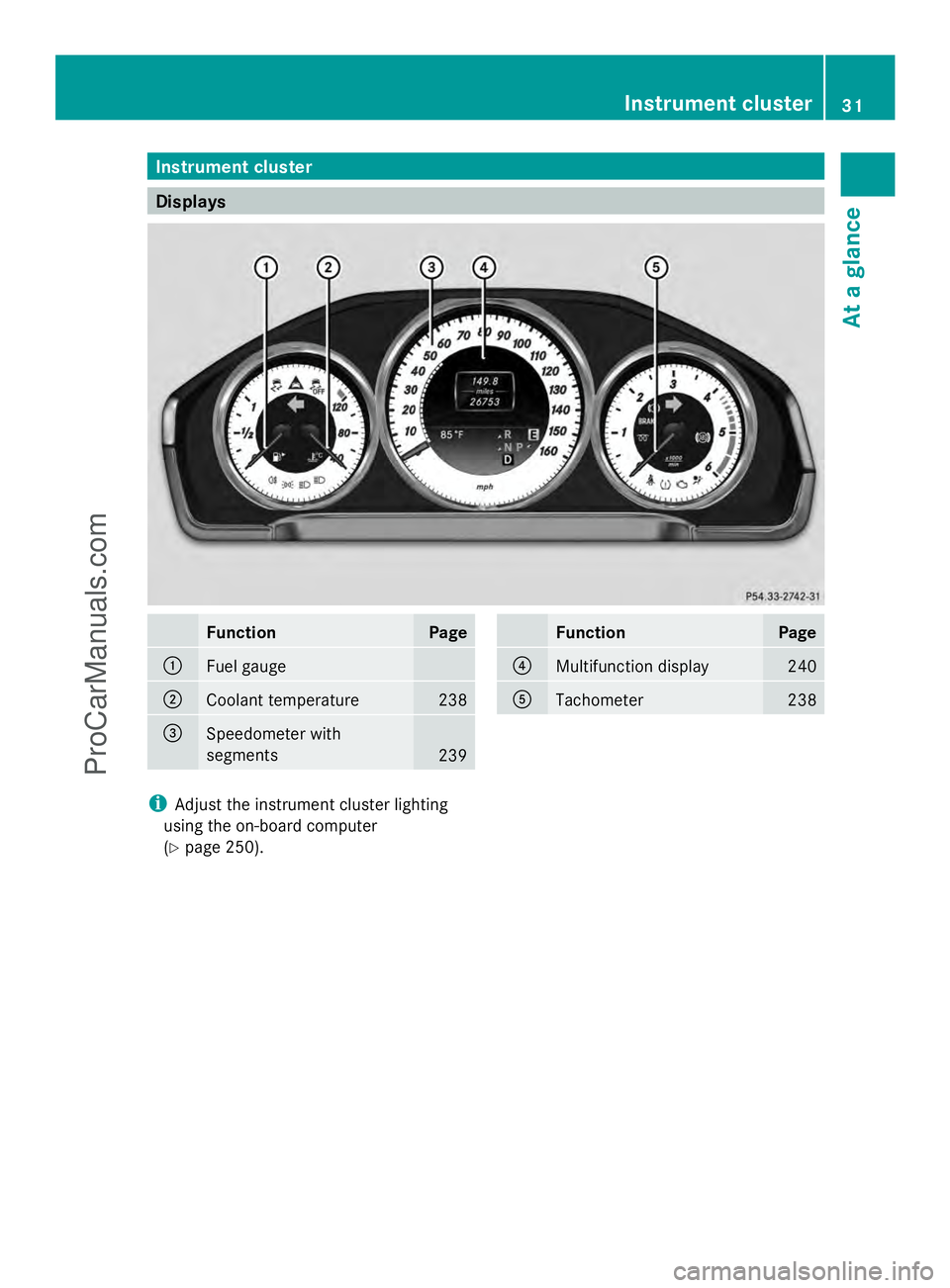 MERCEDES-BENZ E-SEDAN 2014 Owners Guide Instrument cluster
Displays
Function Page
:
Fuel gauge
;
Coolant temperature 238
=
Speedometer with
segments
239 Function Page
?
Multifunction display 240
A
Tachometer 238
i
Adjust the instrument clus