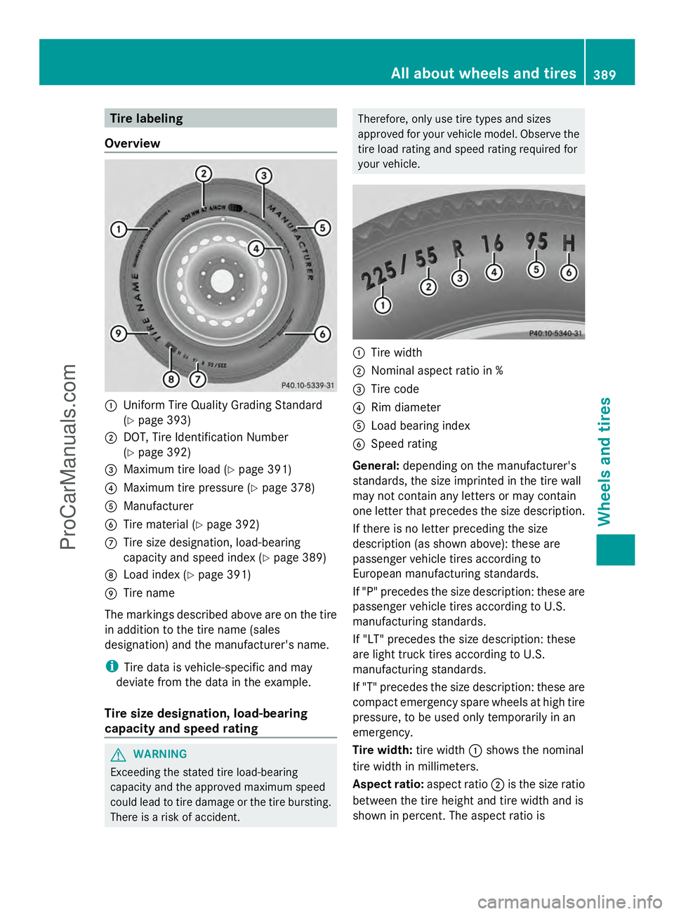 MERCEDES-BENZ E-SEDAN 2014 Owners Manual Tire labeling
Overview :
Uniform Tire Quality Grading Standard
(Y page 393)
; DOT, Tire Identification Number
(Y page 392)
= Maximum tire load (Y page 391)
? Maximum tire pressure (Y page 378)
A Manuf MERCEDES-BENZ E-SEDAN 2014 Owners Manual Tire labeling
Overview :
Uniform Tire Quality Grading Standard
(Y page 393)
; DOT, Tire Identification Number
(Y page 392)
= Maximum tire load (Y page 391)
? Maximum tire pressure (Y page 378)
A Manuf