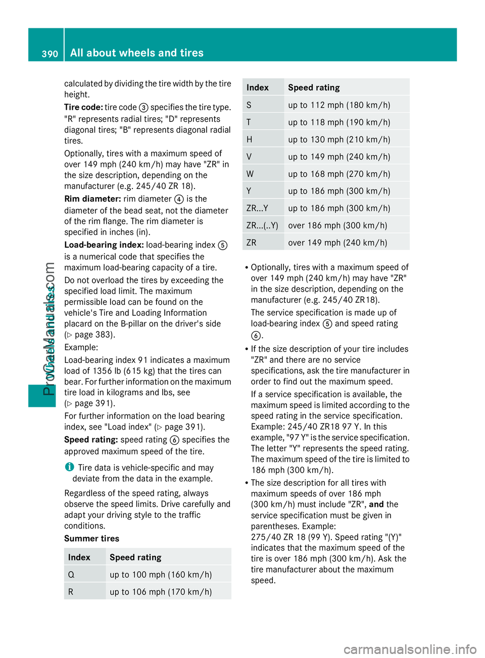 MERCEDES-BENZ E-SEDAN 2014 Owners Manual calculated by dividing the tire width by the tire
height.
Tire code: tire code=specifies the tire type.
"R" represents radial tires; "D" represents
diagonal tires; "B" represen MERCEDES-BENZ E-SEDAN 2014 Owners Manual calculated by dividing the tire width by the tire
height.
Tire code: tire code=specifies the tire type.
"R" represents radial tires; "D" represents
diagonal tires; "B" represen