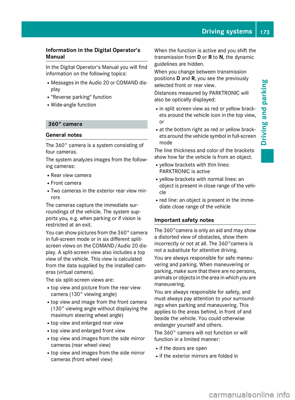 MERCEDES-BENZ E-SEDAN 2016 Owners Manual Information in the Digital Operator's
Manual
Inthe Digital Operator's Manual you willfind
information on the following topics:
RMessages inthe Audio 20 or COMAND dis-
play
R"Reverse parkin MERCEDES-BENZ E-SEDAN 2016 Owners Manual Information in the Digital Operator's
Manual
Inthe Digital Operator's Manual you willfind
information on the following topics:
RMessages inthe Audio 20 or COMAND dis-
play
R"Reverse parkin