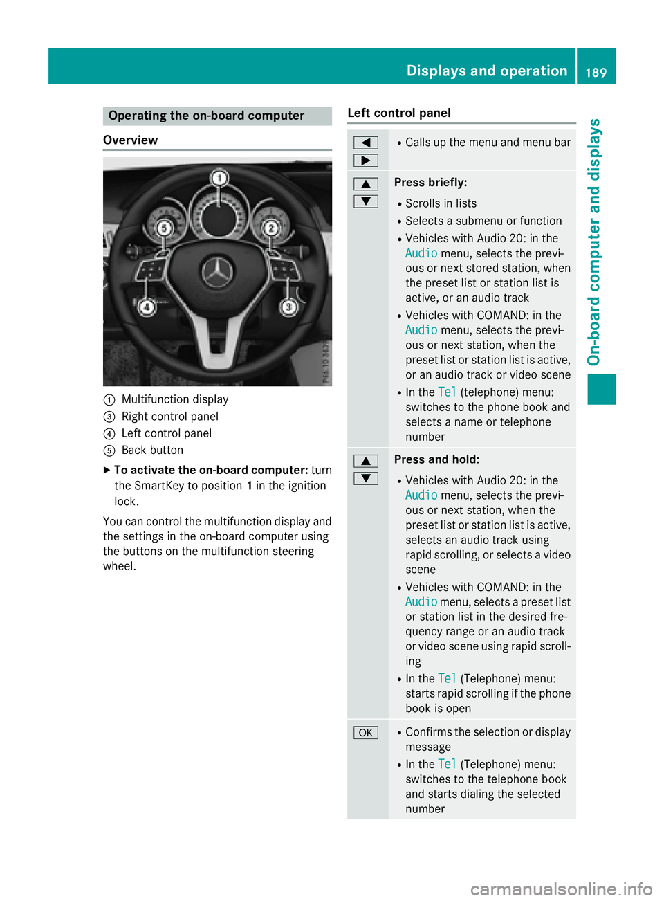 MERCEDES-BENZ E-SEDAN 2016  Owners Manual Operating the on-board computer
Overview
:Multifunction display
=Right control panel
?Left control panel
ABack button
XTo activate the on-board computer: turn
the SmartKey to position 1in the ignition