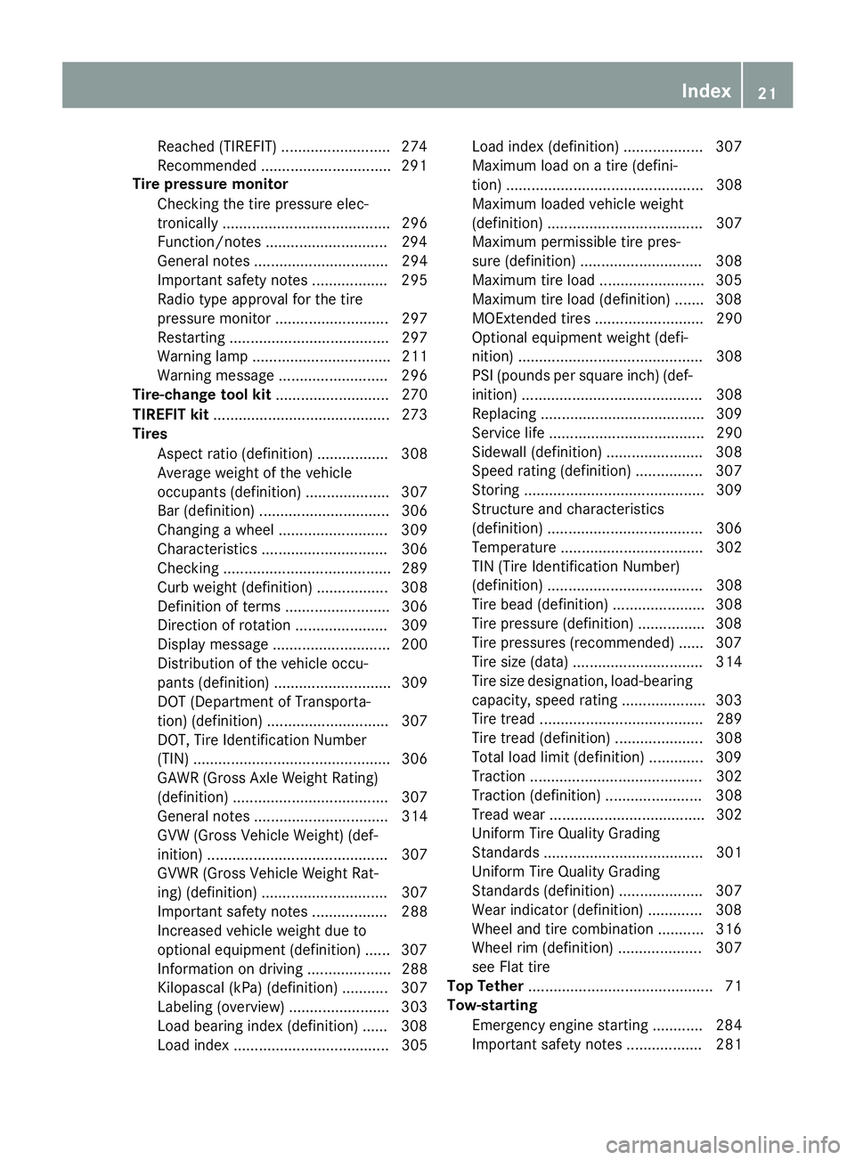 MERCEDES-BENZ E-SEDAN 2016 Owners Manual Reached (TIREFIT) .......................... 274
Recommended .............................. .291
Tire pressure monitor
Checking the tire pressure elec-
tronically ..................................... MERCEDES-BENZ E-SEDAN 2016 Owners Manual Reached (TIREFIT) .......................... 274
Recommended .............................. .291
Tire pressure monitor
Checking the tire pressure elec-
tronically .....................................