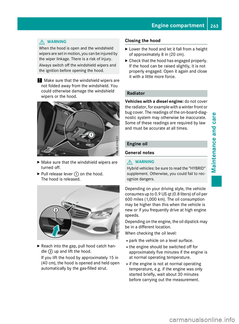 MERCEDES-BENZ E-SEDAN 2016 Owners Manual GWARNING
When the hood is open and the windshield
wipers are set in motion, you can be injured by
the wiper linkage. There is a risk of injury.
Always switch off the windshield wipers and
the ignition MERCEDES-BENZ E-SEDAN 2016 Owners Manual GWARNING
When the hood is open and the windshield
wipers are set in motion, you can be injured by
the wiper linkage. There is a risk of injury.
Always switch off the windshield wipers and
the ignition