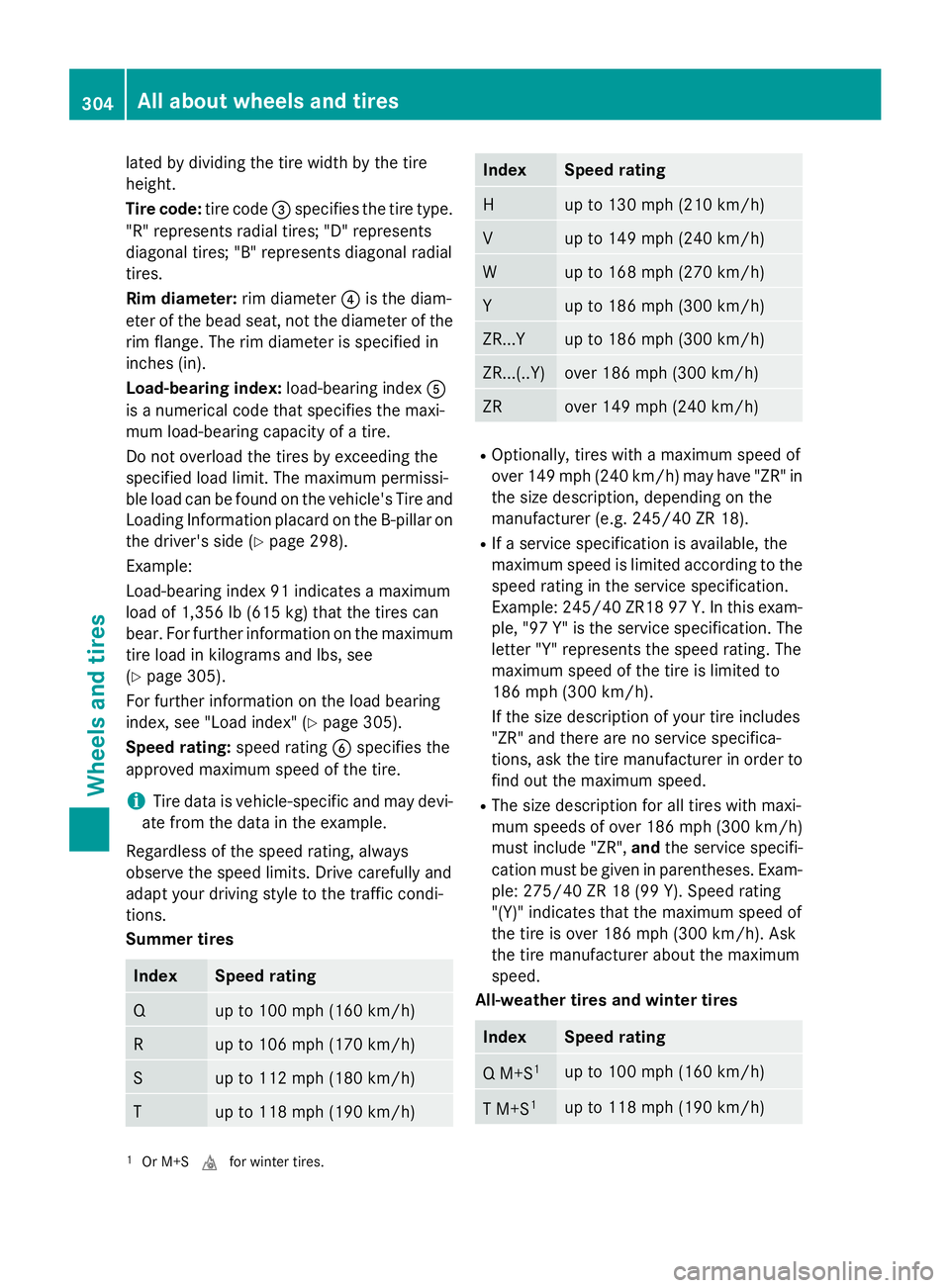 MERCEDES-BENZ E-SEDAN 2016 Owners Manual lated by dividing the tire width by the tire
height.
Tire code:tire code=specifies the tire type.
"R" represents radial tires; "D" represents
diagonal tires; "B" represents dia MERCEDES-BENZ E-SEDAN 2016 Owners Manual lated by dividing the tire width by the tire
height.
Tire code:tire code=specifies the tire type.
"R" represents radial tires; "D" represents
diagonal tires; "B" represents dia