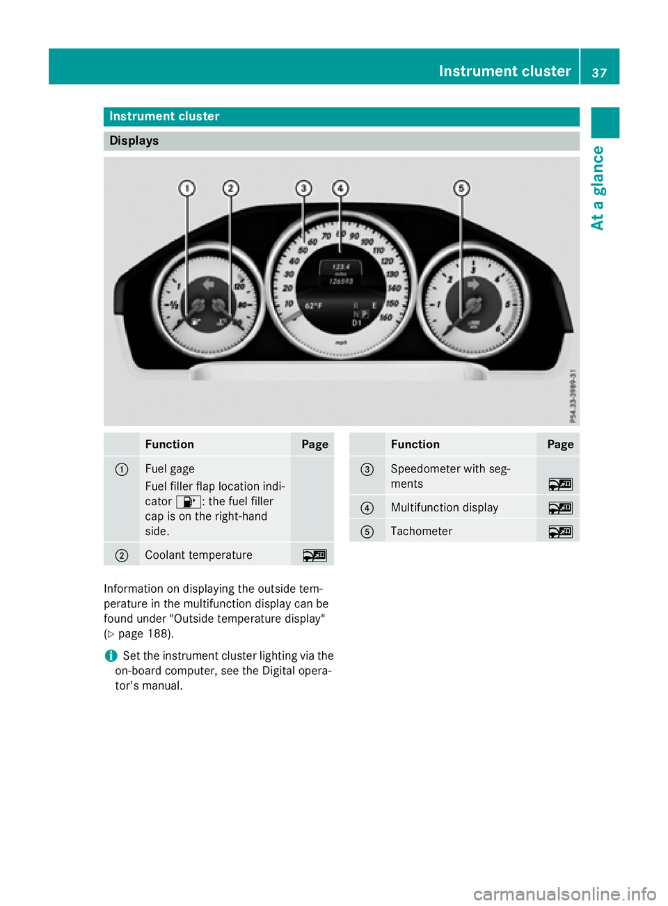 MERCEDES-BENZ E-SEDAN 2016 Owners Guide Instrument cluster
Displays
FunctionPage
:Fuel gage
Fuelfiller flap location ind i-
cator 8: the fuel filler
cap ison the right-hand
side .
;Coolant temperature~
FunctionPage
=Speedometer with seg-
me MERCEDES-BENZ E-SEDAN 2016 Owners Guide Instrument cluster
Displays
FunctionPage
:Fuel gage
Fuelfiller flap location ind i-
cator 8: the fuel filler
cap ison the right-hand
side .
;Coolant temperature~
FunctionPage
=Speedometer with seg-
me