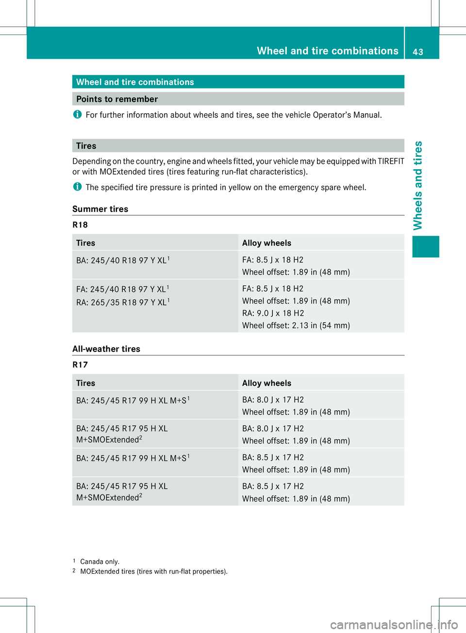 MERCEDES-BENZ E400 HYBRID 2014 Service Manual Wheel and tire combinations
Points to remember
i For further information about wheels and tires, see the vehicle Operator’s Manual. Tires
Depending on the country, engine and wheels fitted, you rveh