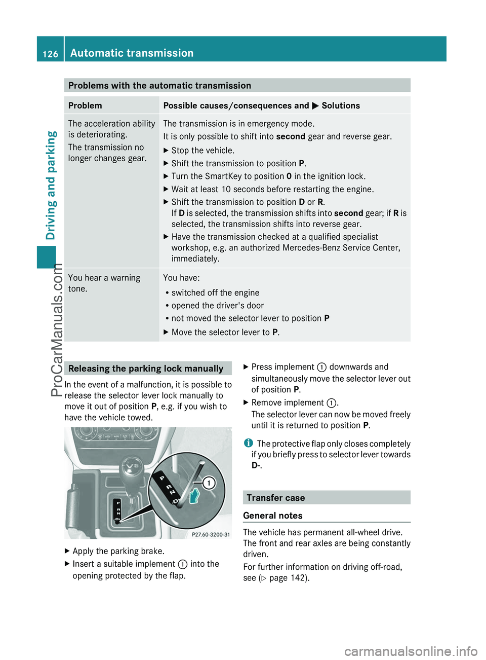 MERCEDES-BENZ G-CLASS 2011  Owners Manual Problems with the automatic transmissionProblemPossible causes/consequences and M SolutionsThe acceleration ability
is deteriorating.
The transmission no
longer changes gear.The transmission is in eme