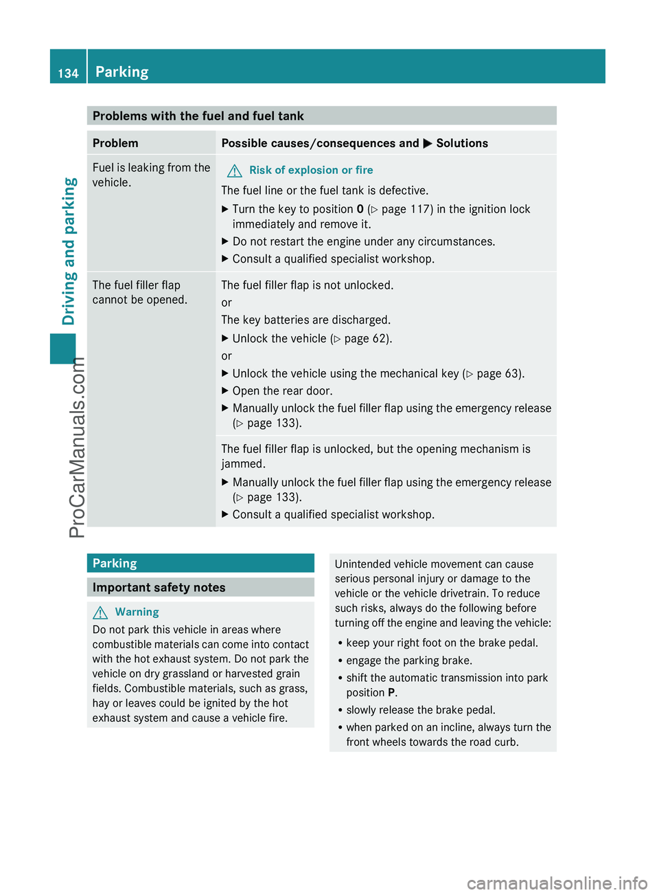 MERCEDES-BENZ G-CLASS 2011  Owners Manual Problems with the fuel and fuel tankProblemPossible causes/consequences and M SolutionsFuel is leaking from the
vehicle.GRisk of explosion or fire
The fuel line or the fuel tank is defective.
XTurn th