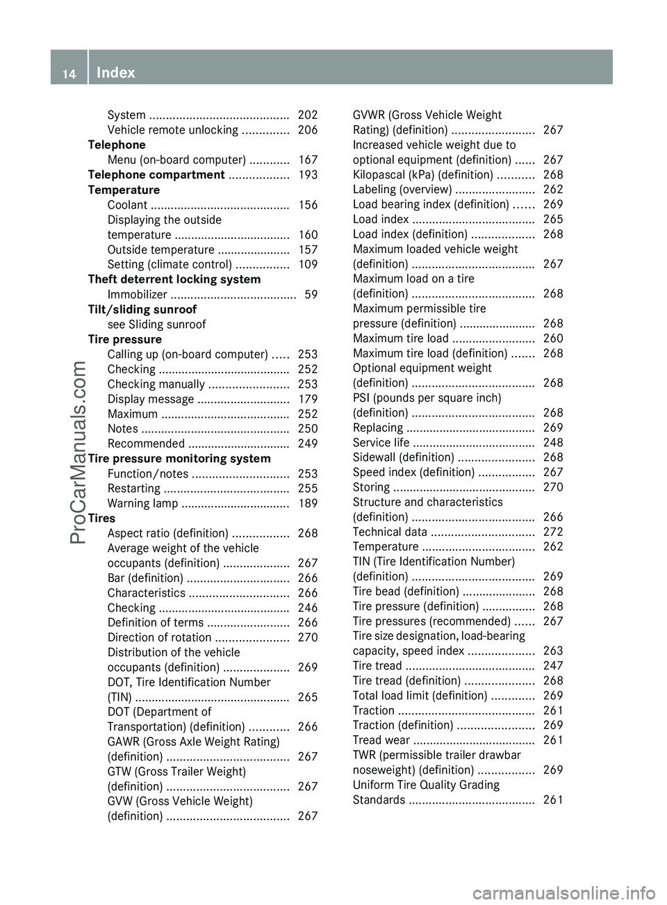 MERCEDES-BENZ G-CLASS 2011 User Guide System .......................................... 202
Vehicle remote unlocking  ..............206
Telephone
Menu (on-board computer)  ............167
Telephone compartment  .................. 193
Temp