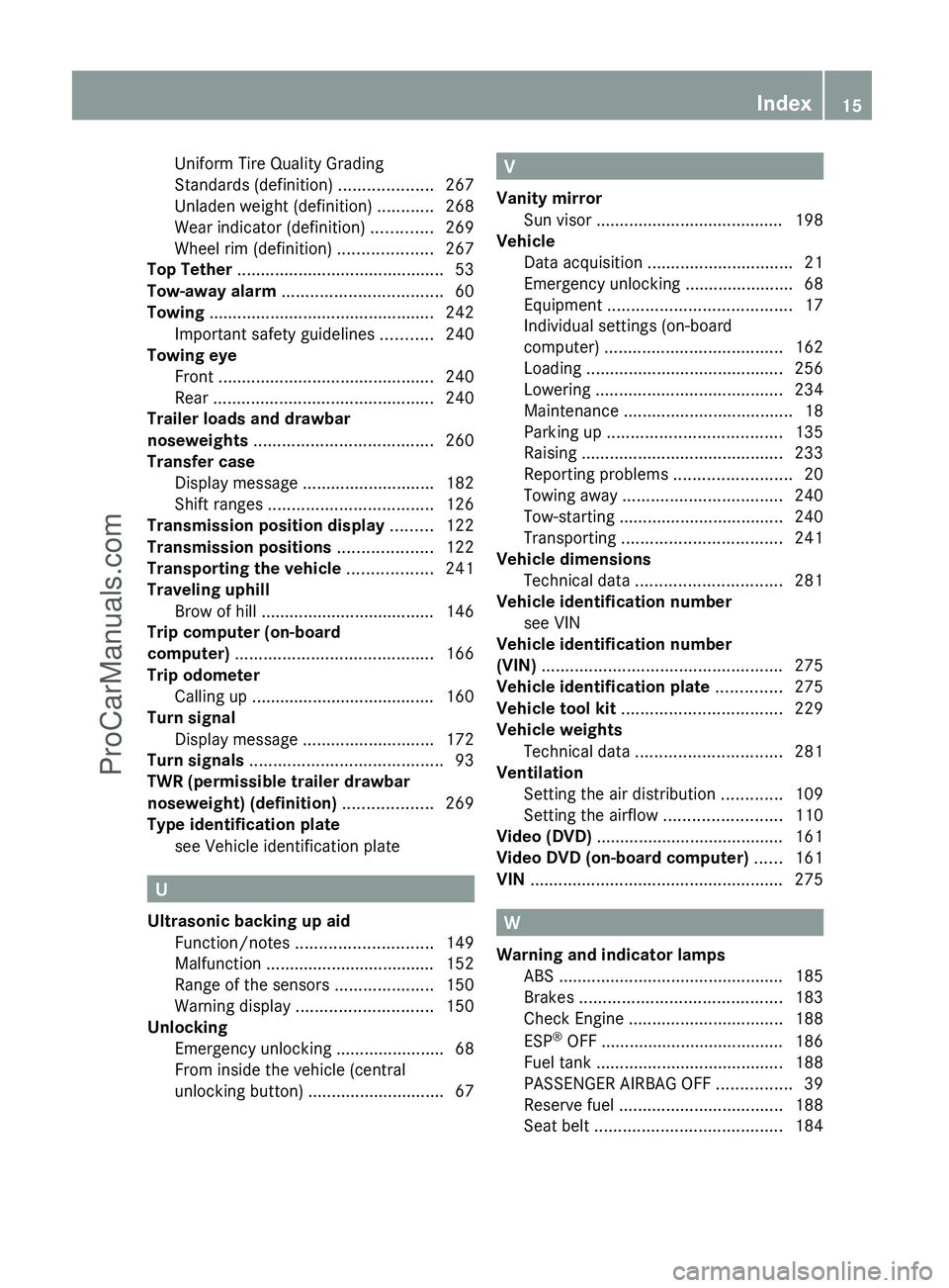 MERCEDES-BENZ G-CLASS 2011 User Guide Uniform Tire Quality Grading
Standards (definition)  ....................267
Unladen weight (definition)  ............268
Wear indicator (definition)  .............269
Wheel rim (definition)  ........