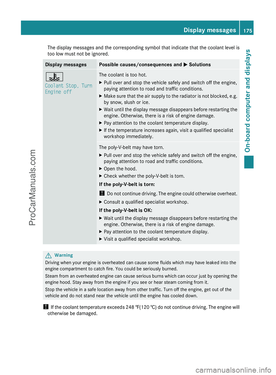 MERCEDES-BENZ G-CLASS 2011 Owners Manual The display messages and the corresponding symbol that indicate that the coolant level is
too low must not be ignored.Display messagesPossible causes/consequences and M Solutions?
Coolant Stop, Turn MERCEDES-BENZ G-CLASS 2011 Owners Manual The display messages and the corresponding symbol that indicate that the coolant level is
too low must not be ignored.Display messagesPossible causes/consequences and M Solutions?
Coolant Stop, Turn