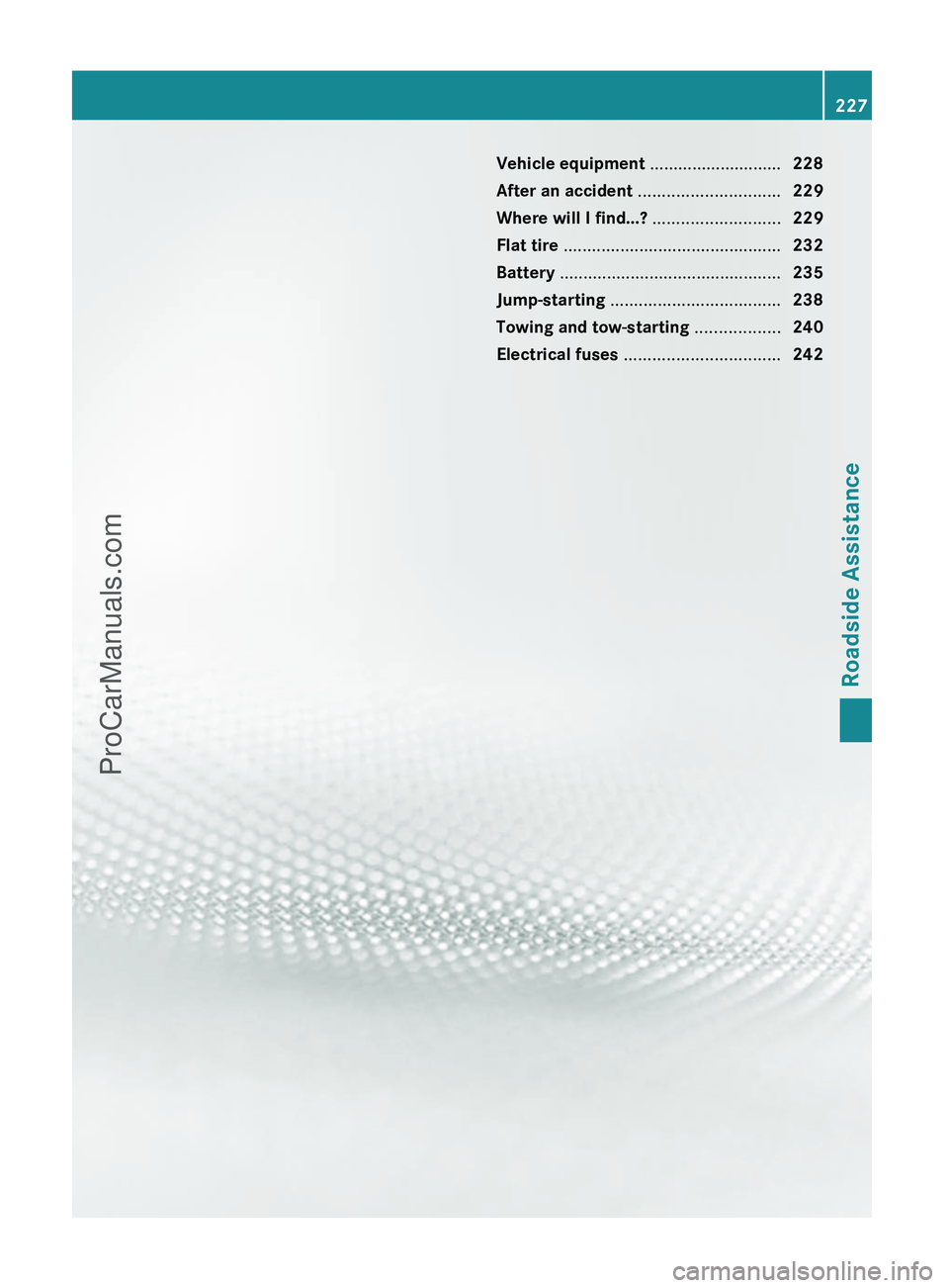 MERCEDES-BENZ G-CLASS 2011 Owners Manual Vehicle equipment ............................228
After an accident .............................. 229
Where will I find...? ...........................229
Flat tire ............................... MERCEDES-BENZ G-CLASS 2011 Owners Manual Vehicle equipment ............................228
After an accident .............................. 229
Where will I find...? ...........................229
Flat tire ...............................