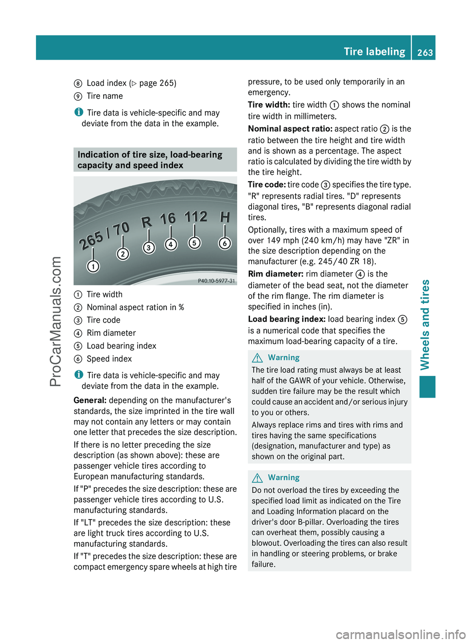 MERCEDES-BENZ G-CLASS 2011 Owners Manual DLoad index (Y page 265)ETire name
i
Tire data is vehicle-specific and may
deviate from the data in the example.
Indication of tire size, load-bearing
capacity and speed index
:Tire width;Nominal aspe MERCEDES-BENZ G-CLASS 2011 Owners Manual DLoad index (Y page 265)ETire name
i
Tire data is vehicle-specific and may
deviate from the data in the example.
Indication of tire size, load-bearing
capacity and speed index
:Tire width;Nominal aspe