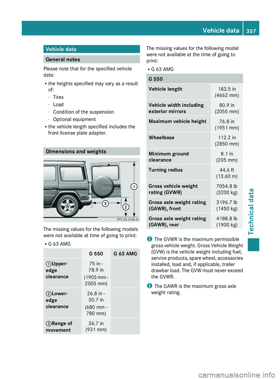 MERCEDES-BENZ G-CLASS SUV 2013 Owners Manual Vehicle data
General notes
Please note that for the specified vehicle
data:
R the heights specified may vary as a result
of:
-Tires
- Load
- Condition of the suspension
- Optional equipment
R the vehi MERCEDES-BENZ G-CLASS SUV 2013 Owners Manual Vehicle data
General notes
Please note that for the specified vehicle
data:
R the heights specified may vary as a result
of:
-Tires
- Load
- Condition of the suspension
- Optional equipment
R the vehi