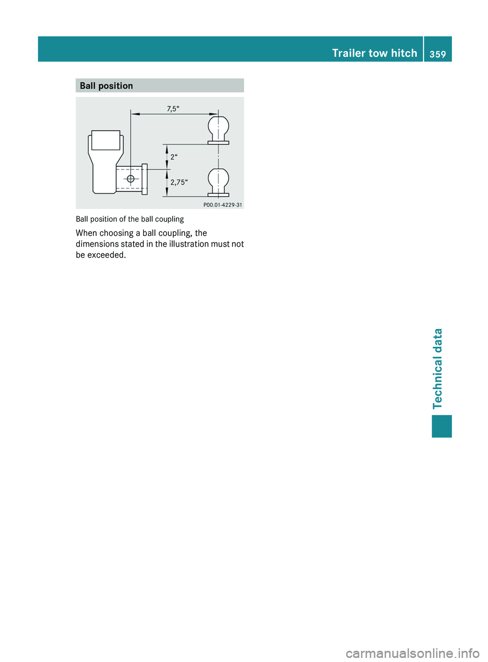 MERCEDES-BENZ G-CLASS SUV 2013 Owners Manual Ball position
Ball position of the ball coupling
When choosing a ball coupling, the
dimensions stated in
the
illustration must not
be exceeded. Trailer tow hitch
359
Technical data Z MERCEDES-BENZ G-CLASS SUV 2013 Owners Manual Ball position
Ball position of the ball coupling
When choosing a ball coupling, the
dimensions stated in
the
illustration must not
be exceeded. Trailer tow hitch
359
Technical data Z