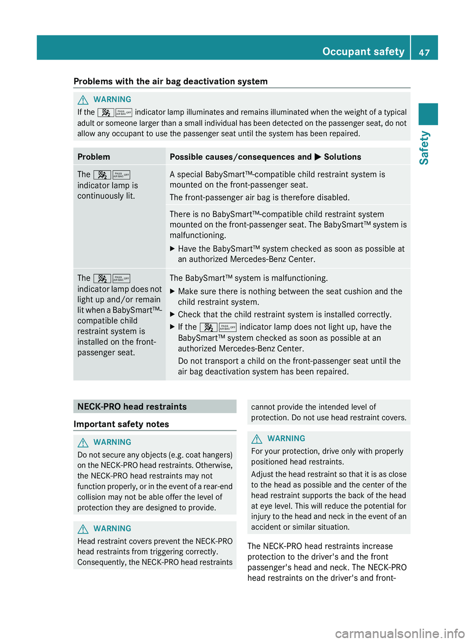 MERCEDES-BENZ G-CLASS SUV 2013 Service Manual Problems with the air bag deactivation system
G
WARNING
If the 00730074 indicator lamp illuminates and remains illuminated when the weight of a typical
adult or someone larger than a small individu MERCEDES-BENZ G-CLASS SUV 2013 Service Manual Problems with the air bag deactivation system
G
WARNING
If the 00730074 indicator lamp illuminates and remains illuminated when the weight of a typical
adult or someone larger than a small individu