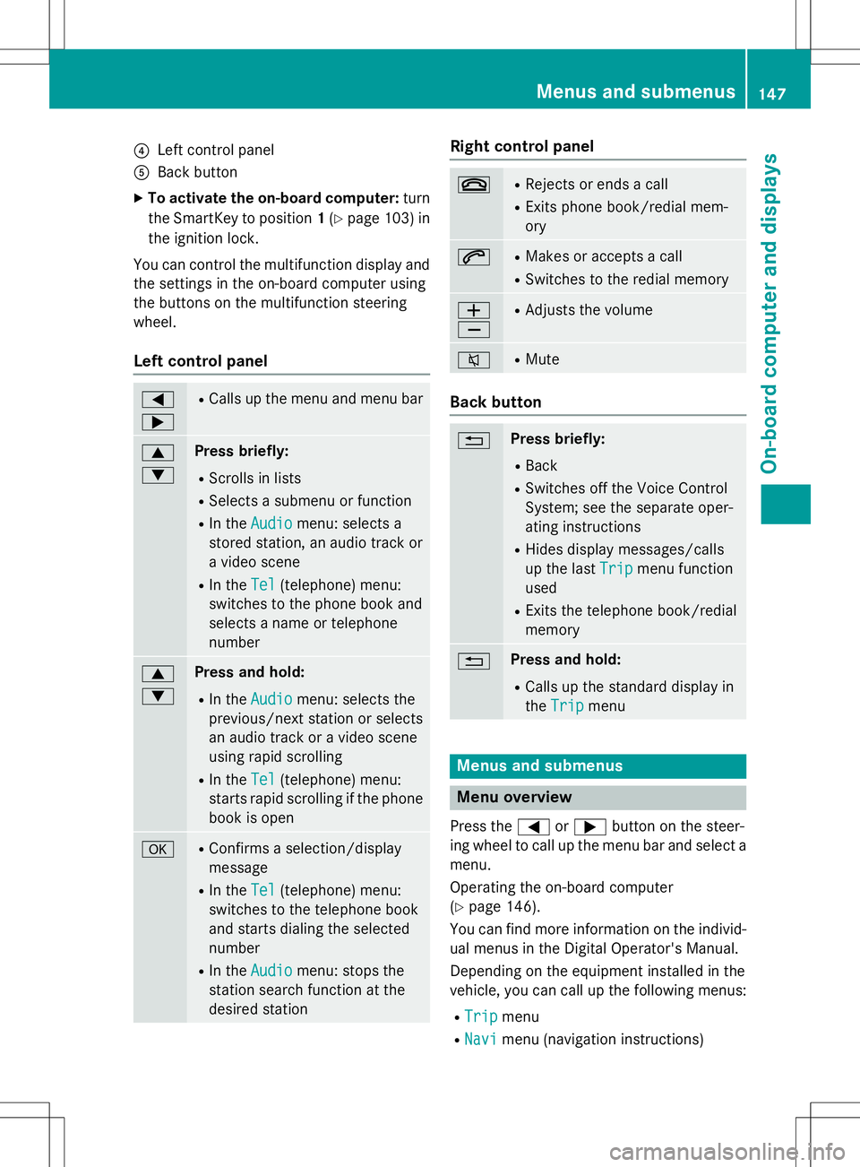 MERCEDES-BENZ G-CLASS SUV 2015 Owners Manual ?Left control panel
ABack button
X To activate the on-board computer: turn
the SmartKey to position 1(Y page 103) in
the ignition lock.
You can control the multifunction display and
the settings in th MERCEDES-BENZ G-CLASS SUV 2015 Owners Manual ?Left control panel
ABack button
X To activate the on-board computer: turn
the SmartKey to position 1(Y page 103) in
the ignition lock.
You can control the multifunction display and
the settings in th