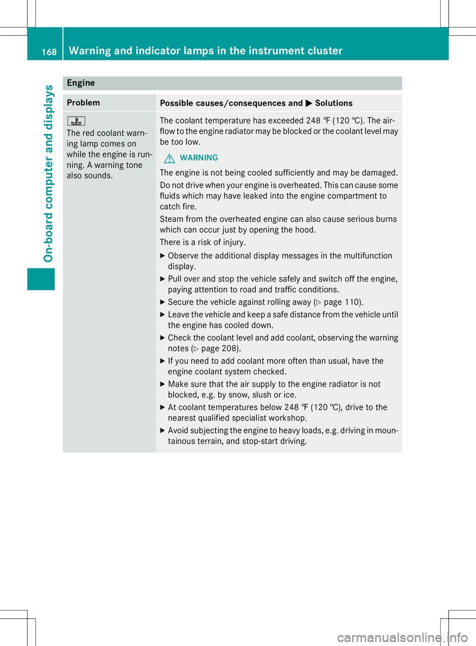 MERCEDES-BENZ G-CLASS SUV 2015  Owners Manual Engine
ProblemPossible causes/consequences andMSolutions
? 
The red coolant warn- 
ing lamp comes on
while the engine is run-
ning. A warning tone
also sounds.The coolant temperature has exceeded 248 