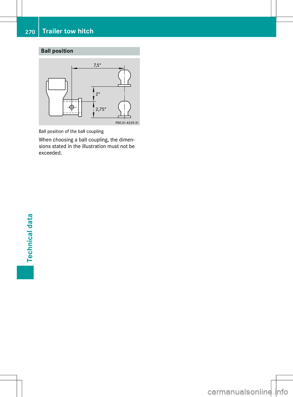 MERCEDES-BENZ G-CLASS SUV 2015  Owners Manual Ball position
Ball position of the ball coupling
When choosing a ball coupling, the dimen- 
sions stated in the illustration must not be
exceeded.
270Trailer tow hitch
Technical data  