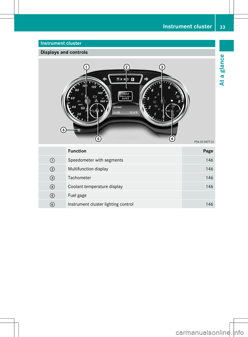 MERCEDES-BENZ G-CLASS SUV 2015 Owners Guide Instrument cluster
Displays and controls
FunctionPage
:Speedometer with segments146
;Multifunction display146
=Tachometer146
?Coolant temperature display146
AFuel gage
BInstrument cluster lighting con MERCEDES-BENZ G-CLASS SUV 2015 Owners Guide Instrument cluster
Displays and controls
FunctionPage
:Speedometer with segments146
;Multifunction display146
=Tachometer146
?Coolant temperature display146
AFuel gage
BInstrument cluster lighting con