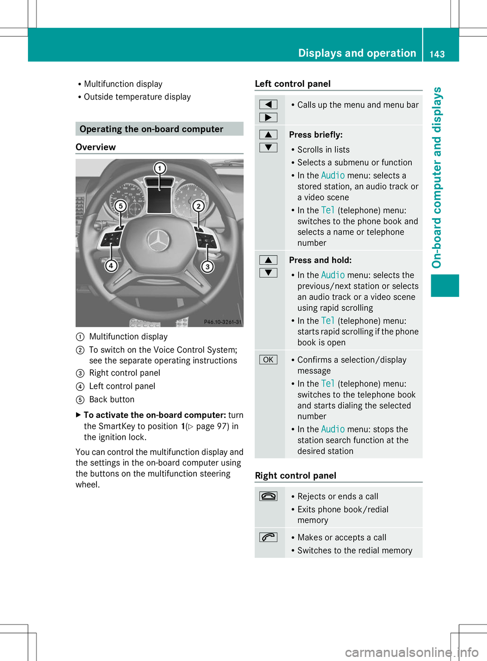 MERCEDES-BENZ G-CLASS SUV 2014 Owners Manual R
Multifunction display
R Outside temperature display Operating the on-board computer
Overview :
Multifunction display
; To switch on the Voice Control System;
see the separate operating instructions
MERCEDES-BENZ G-CLASS SUV 2014 Owners Manual R
Multifunction display
R Outside temperature display Operating the on-board computer
Overview :
Multifunction display
; To switch on the Voice Control System;
see the separate operating instructions