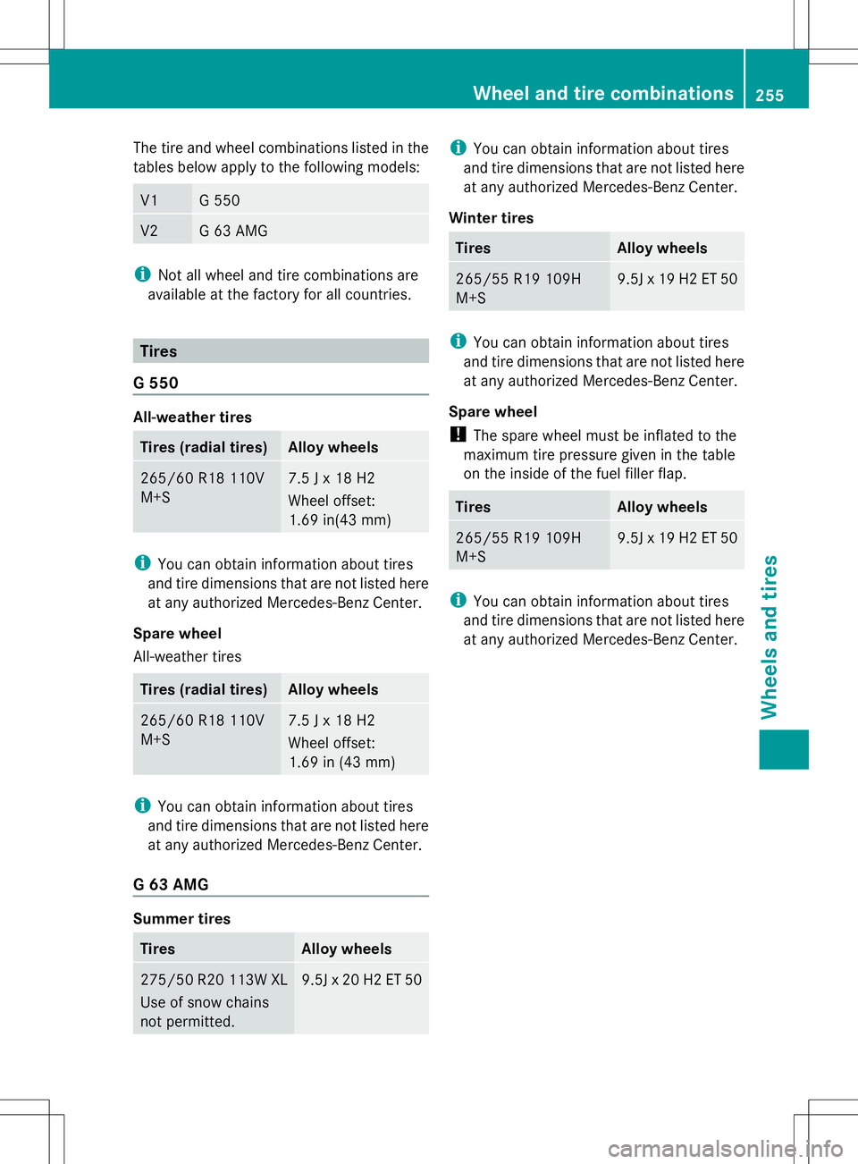 MERCEDES-BENZ G-CLASS SUV 2014 Owners Manual The tire and wheel combinations listed in the
tables below apply to the following models: V1 G 550
V2 G 63 AMG
i
Not all wheel and tire combinations are
available at the factory for all countries. Tir MERCEDES-BENZ G-CLASS SUV 2014 Owners Manual The tire and wheel combinations listed in the
tables below apply to the following models: V1 G 550
V2 G 63 AMG
i
Not all wheel and tire combinations are
available at the factory for all countries. Tir